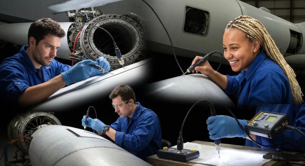 Technicians performing non-destructive testing on aircraft components, utilizing inspection tools on fuselage and engine parts to ensure safety and reliability in aviation.