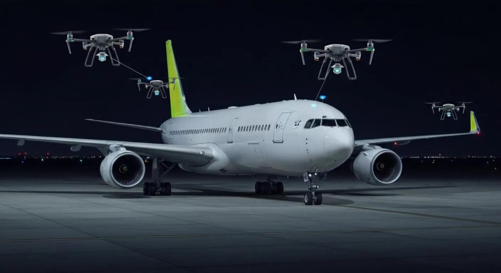 Drones conducting nondestructive testing on aircraft at night, highlighting the role of robotics in aviation inspections.