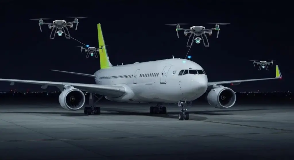 Drones equipped with thermal imaging inspecting aircraft, representing emerging technologies in aviation NDT