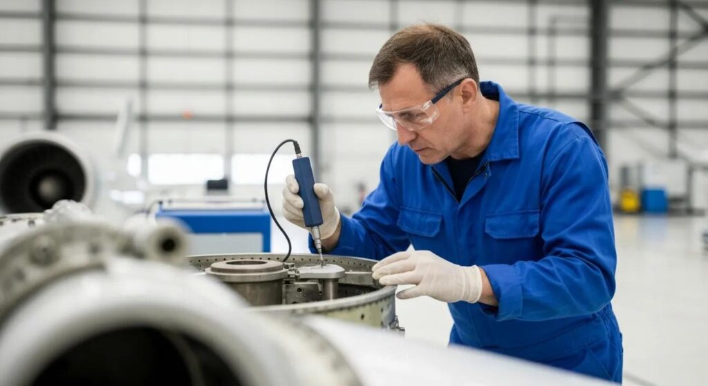 Technician conducting nondestructive testing on aircraft engine components, ensuring safety and reliability in aviation maintenance.