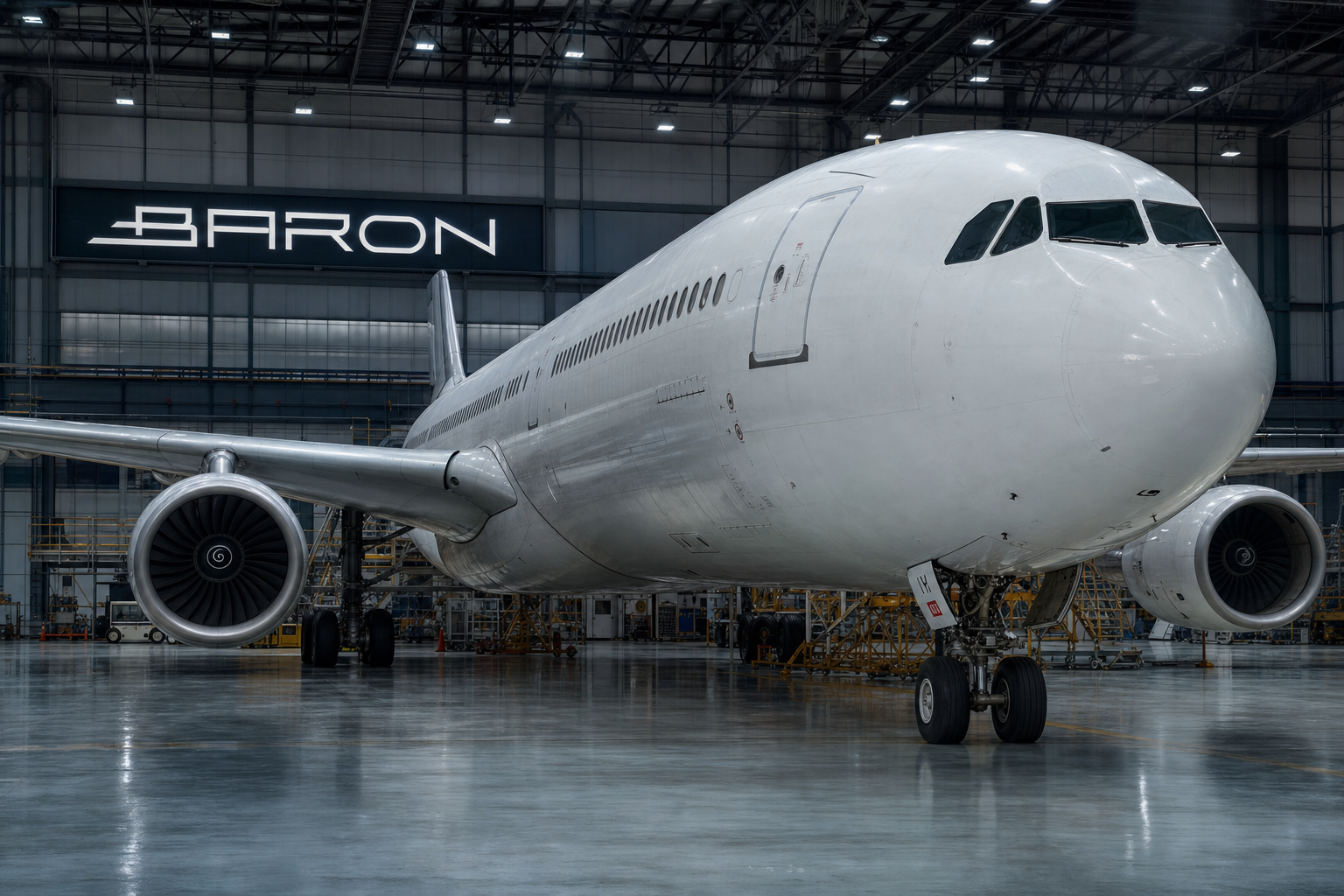 Airbus A330 widebody in a Baron NDT hangar undergoing HFEC windshield frame inspection under AD 2026-10-13