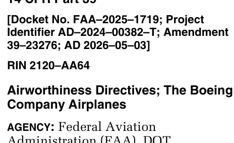 FAA AD 2026-05-03 header block, Boeing 767 scribe-line lap joint AD