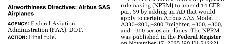 FAA Airworthiness Directive 2026-10-13 title block for Airbus A330 in the Federal Register