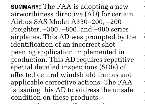 SUMMARY section of FAA AD 2026-10-13 requiring repetitive special detailed inspections of A330 central windshield frames