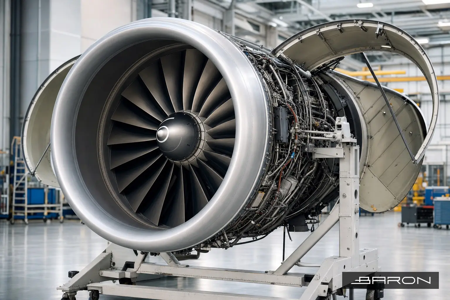 Commercial aircraft turbofan engine on a maintenance stand in an MRO hangar