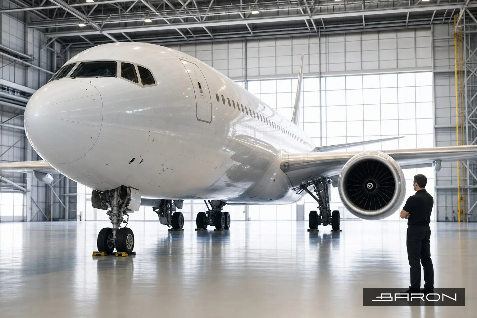 Widebody jet in a maintenance hangar undergoing aircraft NDT inspection