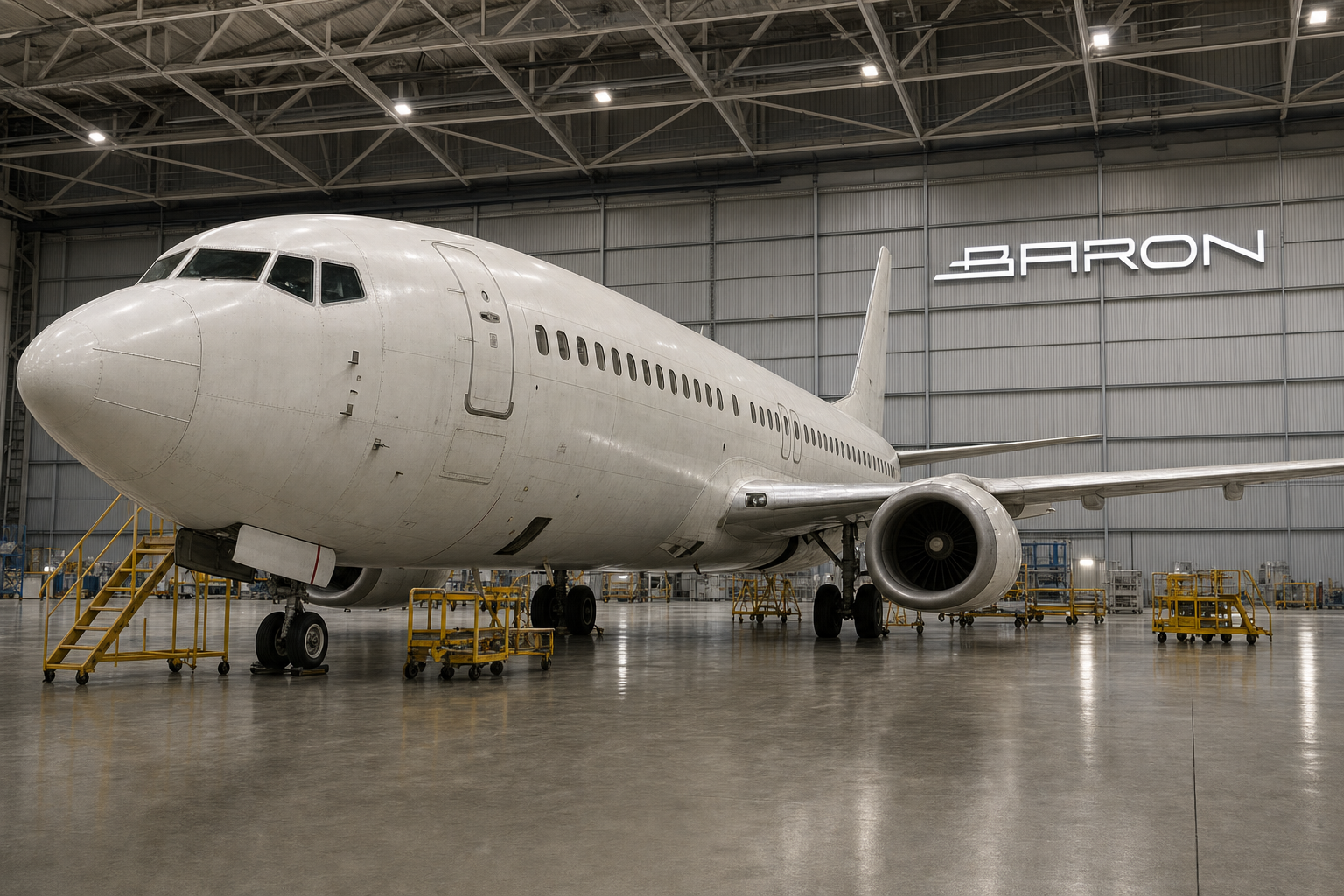 Boeing 737 Classic in a maintenance hangar, subject of FAA AD 2026-09-12 aft drain mast fuselage skin HFEC inspection, with Baron NDT signage