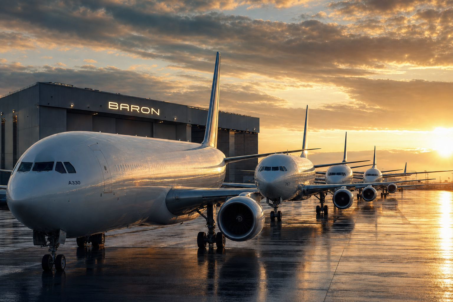 Cinematic dawn flightline of multiple heavy jets parked outside a Baron NDT hangar, illustrating FAA heavy-aircraft airworthiness directive NDT compliance