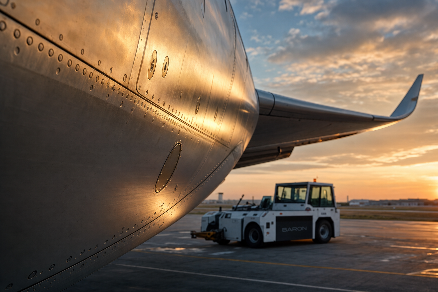 Golden hour close-up of an Airbus A320 lower wing fastener row with a BARON ground tug, illustrating cold-worked fastener hole inspection under FAA AD 2026-10-15
