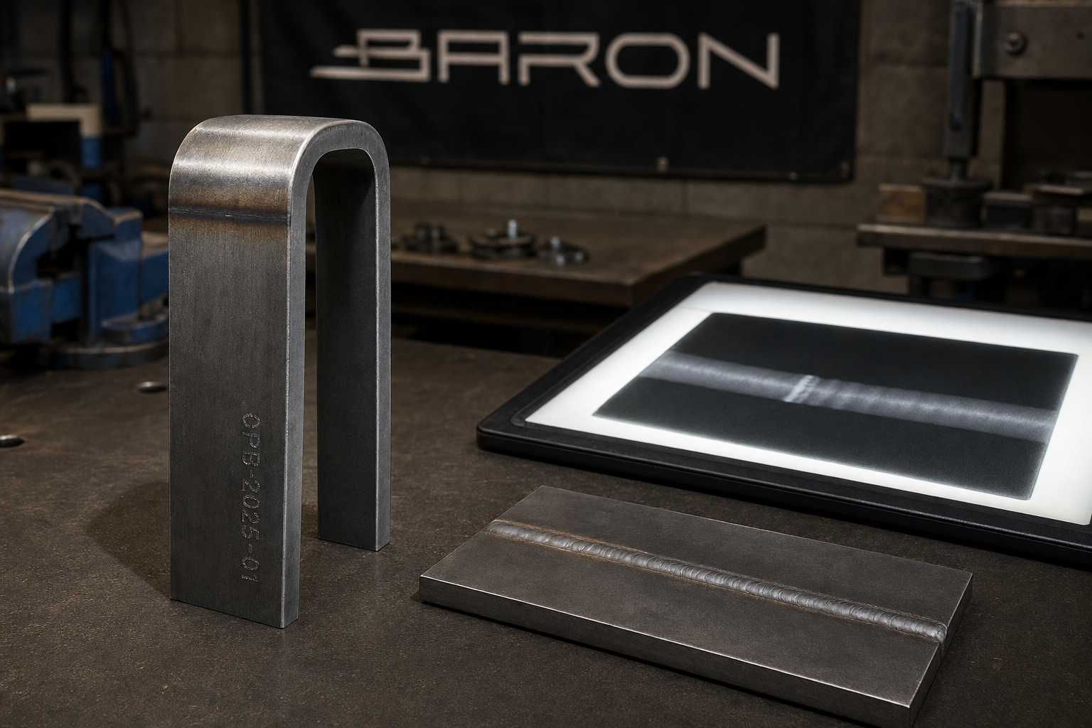 Side by side comparison of a guided bend test coupon and a radiography film evaluating welder performance qualification