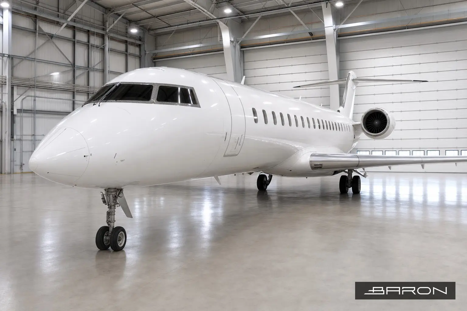 Bombardier CRJ regional jet in a maintenance hangar for phased array ultrasonic structural inspection