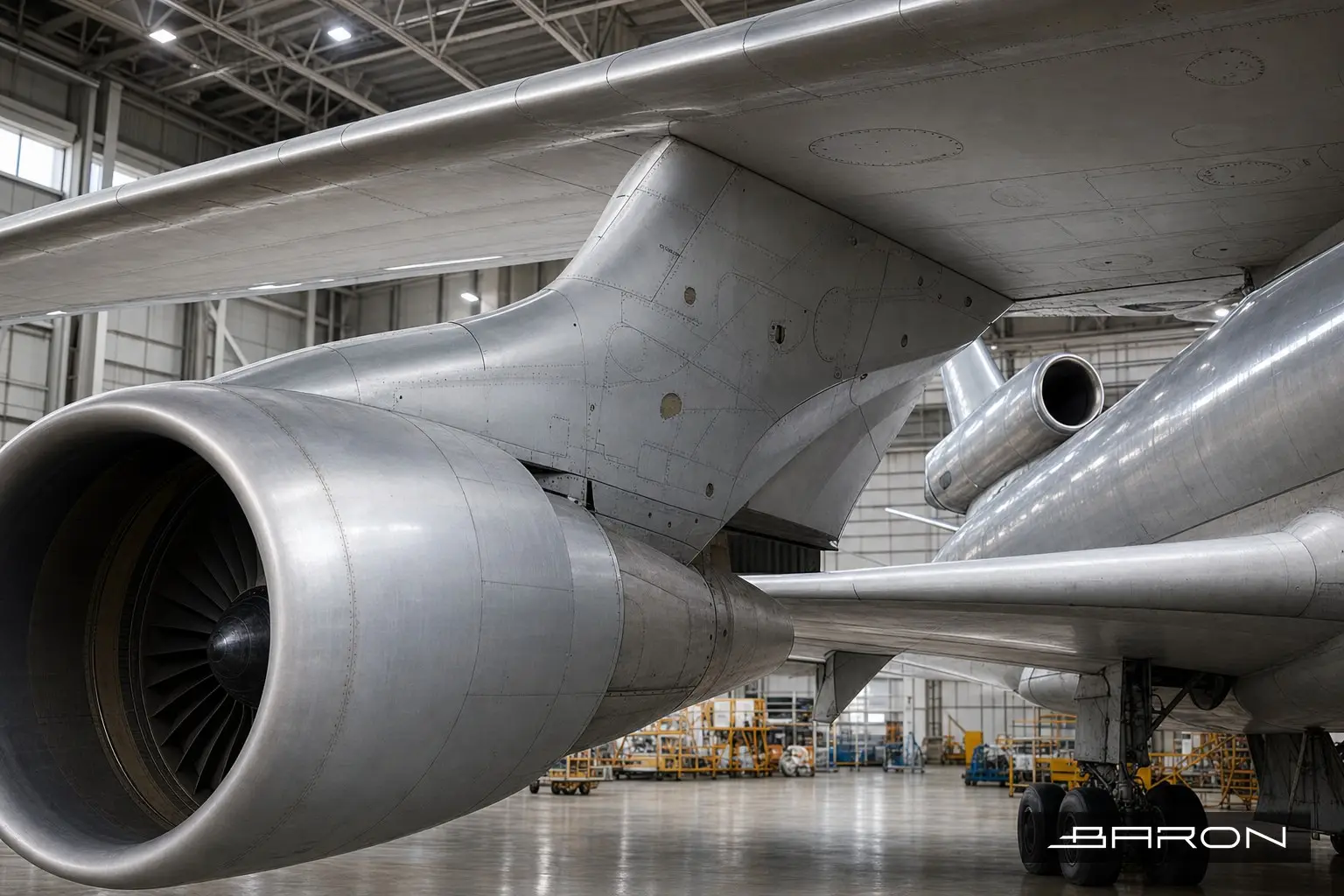 DC-10 / MD-11 freighter wing-mounted engine and pylon structure in a maintenance hangar
