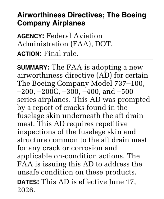 FAA AD 2026-09-12 header and summary for Boeing 737 Classic aft drain mast fuselage skin cracking