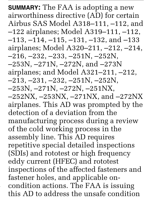 FAA AD 2026-10-15 summary requiring repetitive SDI and rototest or HFEC inspection of fasteners and fastener holes