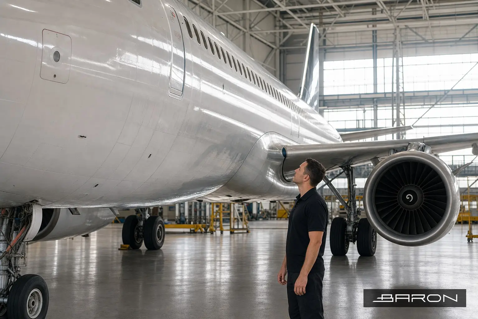 Maintenance engineer observing a commercial jet fuselage in an MRO hangar for FAA Airworthiness Directive NDT compliance