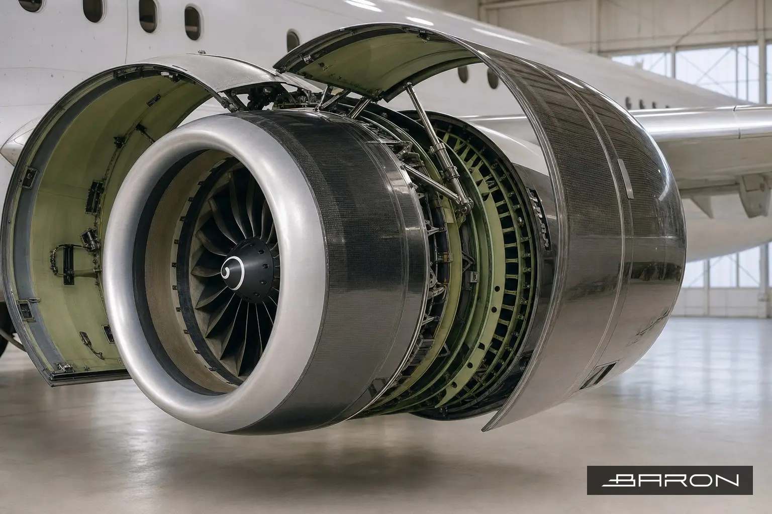 Boeing turbofan engine composite fan cowl panels in a maintenance hangar