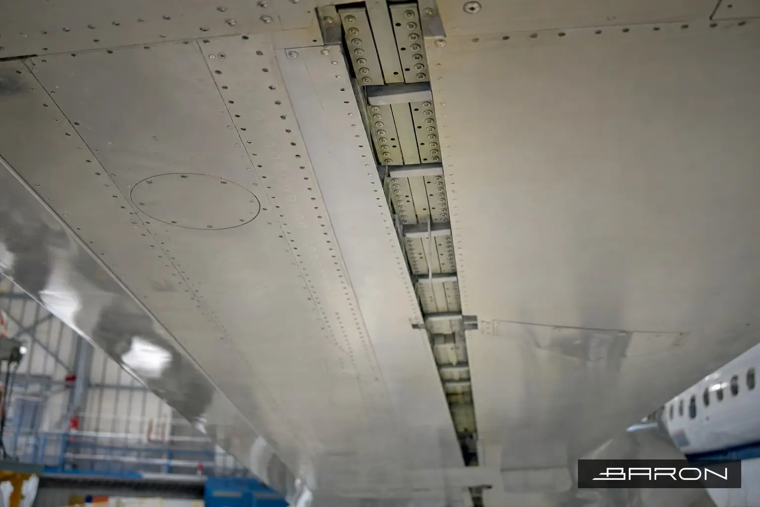 Outer wing lower skin and internal buttstrap splice joint on a narrowbody airliner, subject of radiographic inspection