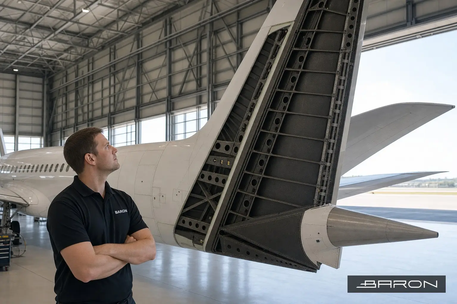 Technician observing composite aircraft rudder structure in a hangar